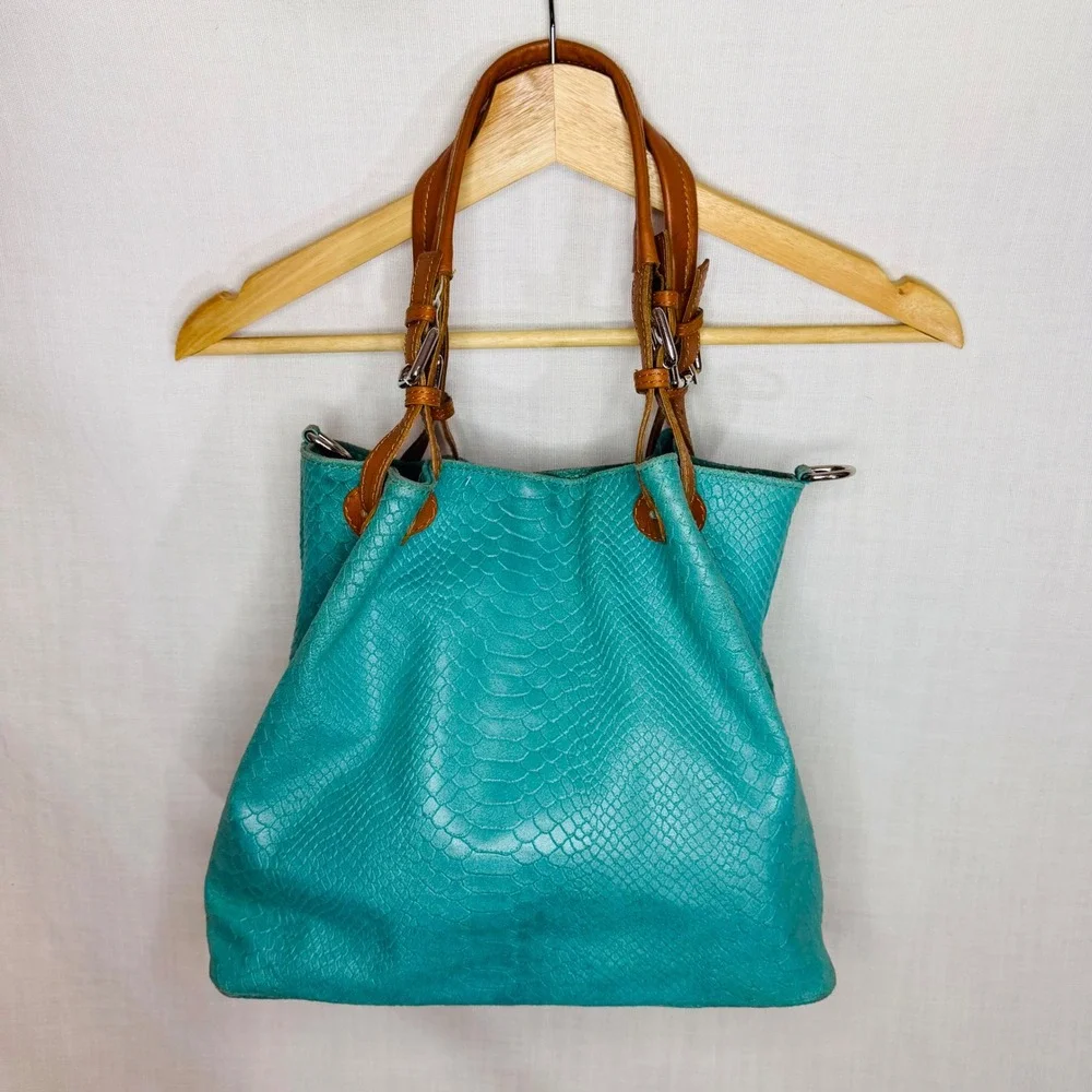 Borse in Pelle Italian Turquoise Snakeskin Embossed Leather Tote Shoulder Bag